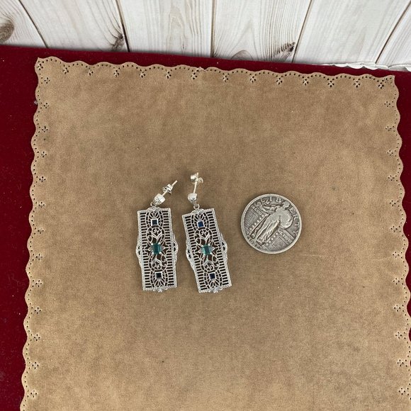 Hand Crafted Natural 1CT TW Apatite & Sapphire 925 Sterling Filigree Earrings - Picture 5 of 6